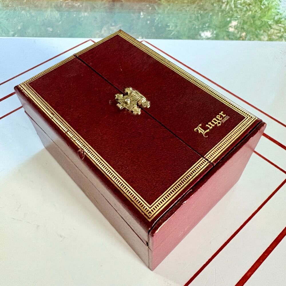 Vintage Luger Swiss Watch Presentation Box Red Gold Fold Out Case